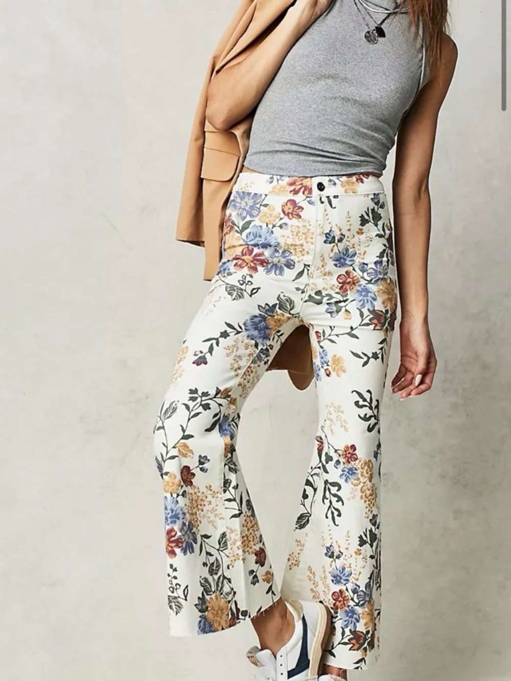Free People Youthquake Printed Crop Flare Jeans Ivory Floral Boho We The Free